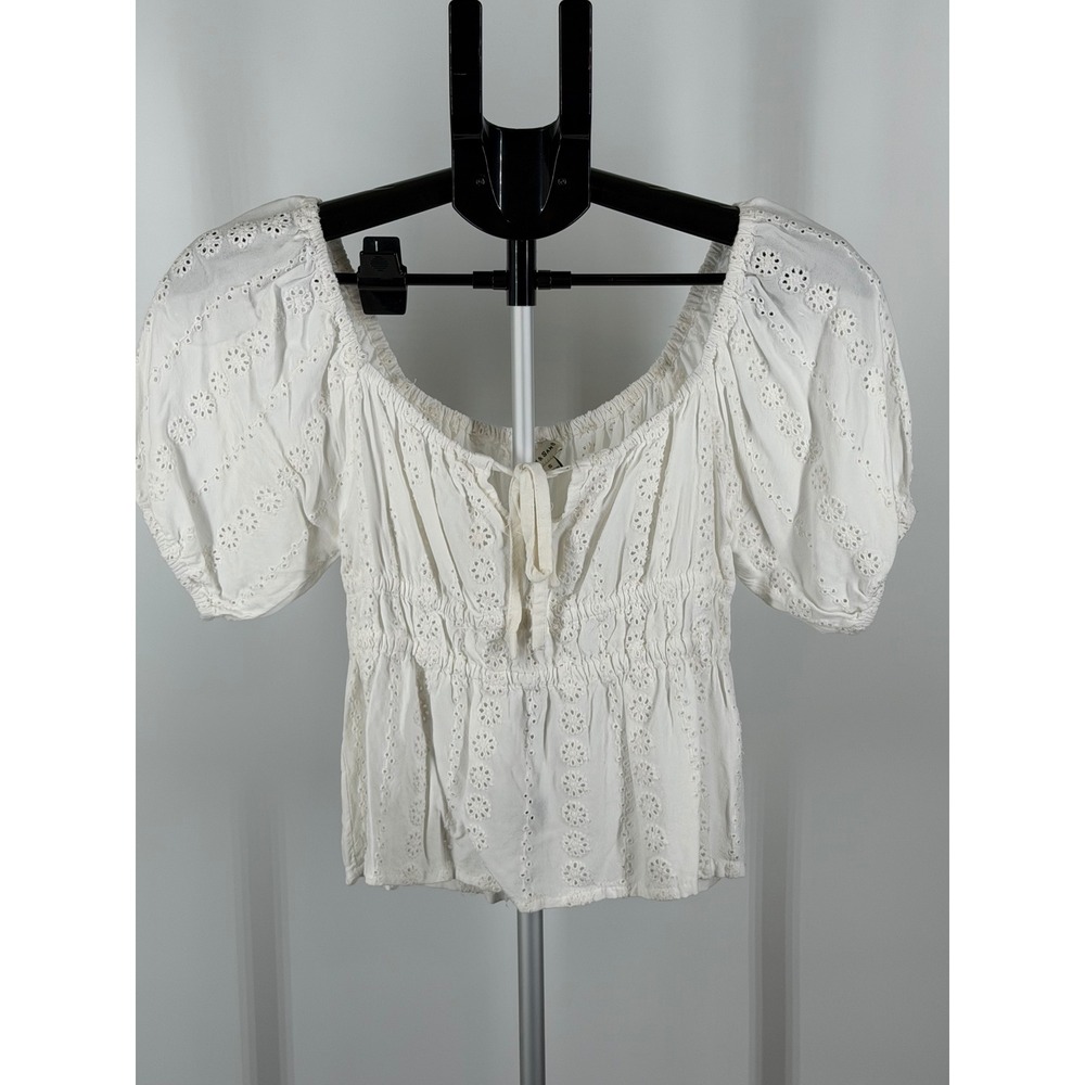 Sim & Sam White Eyelet Puff Sleeve Smocked Milkmaid Top Small Boho Rayon
